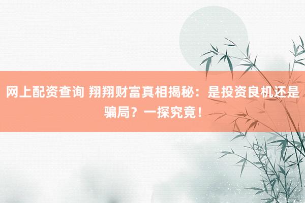网上配资查询 翔翔财富真相揭秘：是投资良机还是骗局？一探究竟！